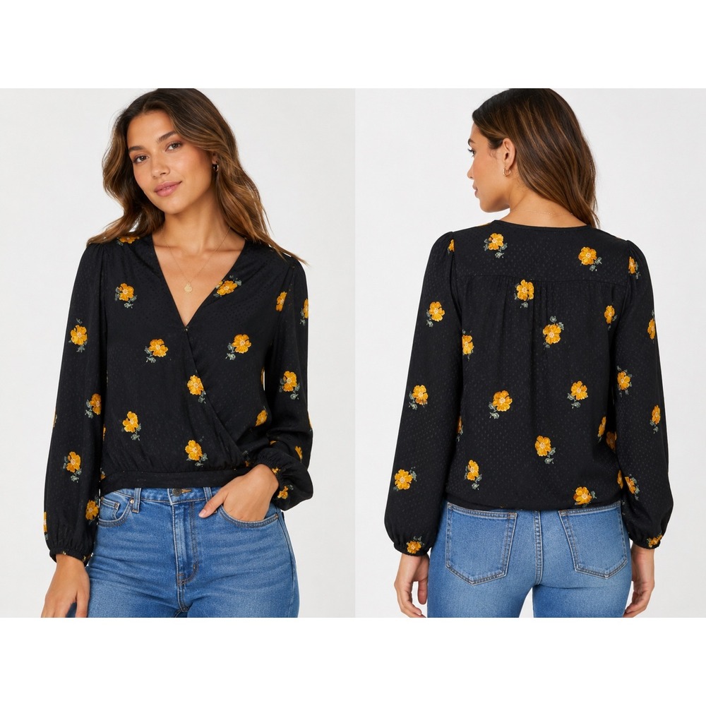Madewell Black Floral Faux Wrap Blouse Size M Swiss Dot Long Sleeve Top